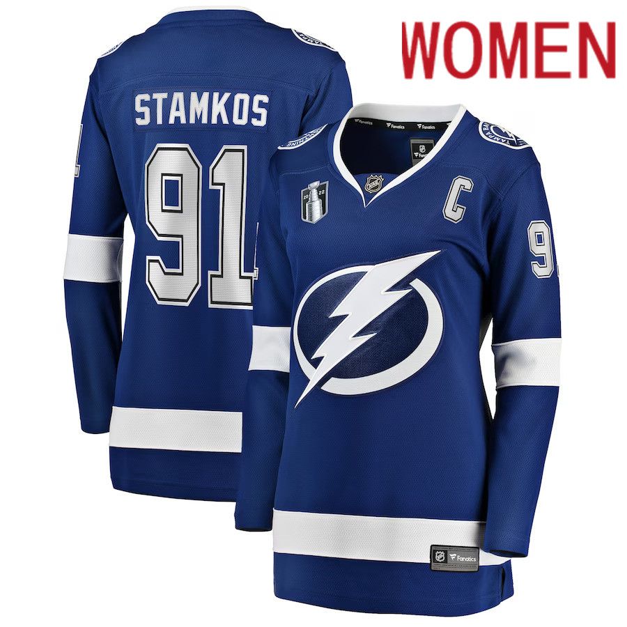 Women Tampa Bay Lightning #91 Steven Stamkos Fanatics Branded Blue Home Stanley Cup Final Breakaway Player NHL Jersey->women nhl jersey->Women Jersey